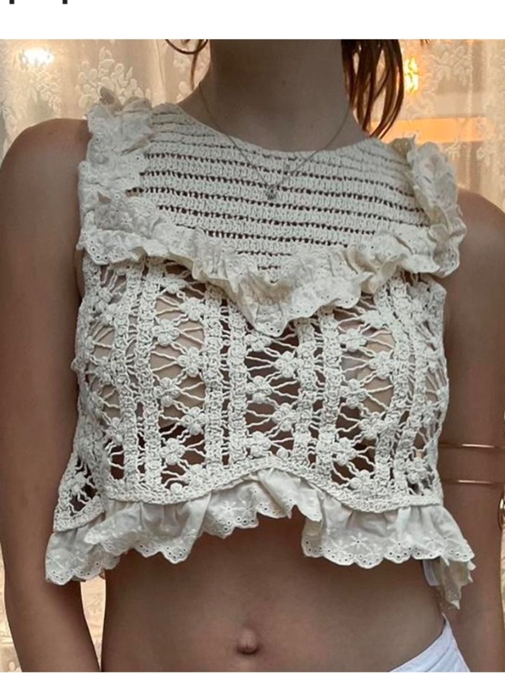 Zara cotton Delicate Crochet Ruffle Crop Top in Cream S